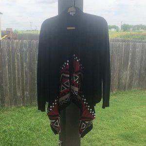 Pixley M Black and Red Asymmetrical Cardigan with ethnic print border.